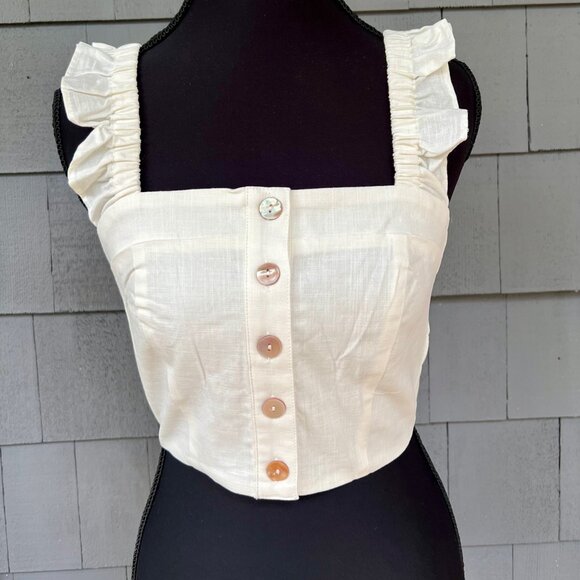 Choosy White Halter Top Cropped Ruffled Elastic Straps Button Down Small NWT - Picture 3 of 5